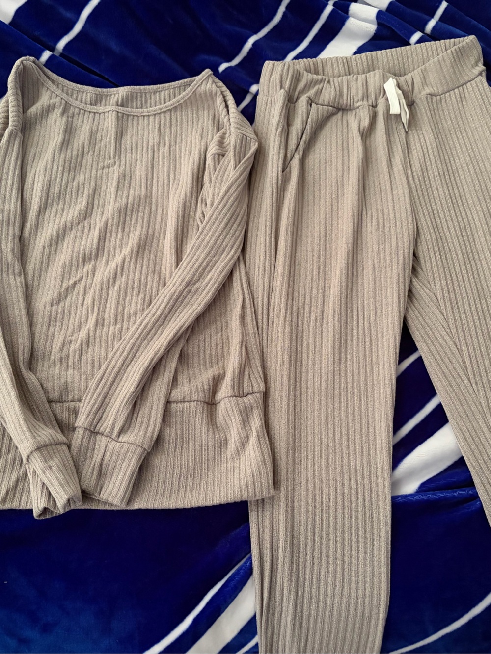 Neutral Ribbed Knit Sweatsuit— Light Taupe